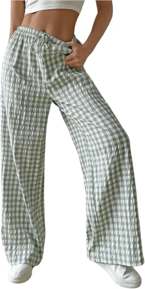 SweatyRocks Women's Casual Drawstring Waist Wide Leg Plaid Pants Long Trousers Baggy Sweatpants