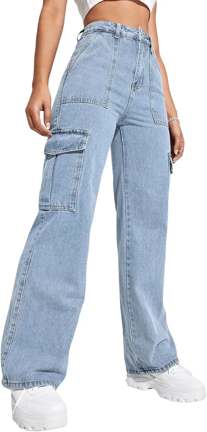 SweatyRocks Women's High Waist Cargo Jeans Flap Pocket Wide Leg Denim Pants