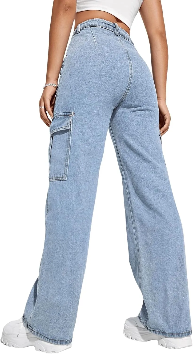 SweatyRocks Women's High Waist Cargo Jeans Flap Pocket Wide Leg Denim Pants