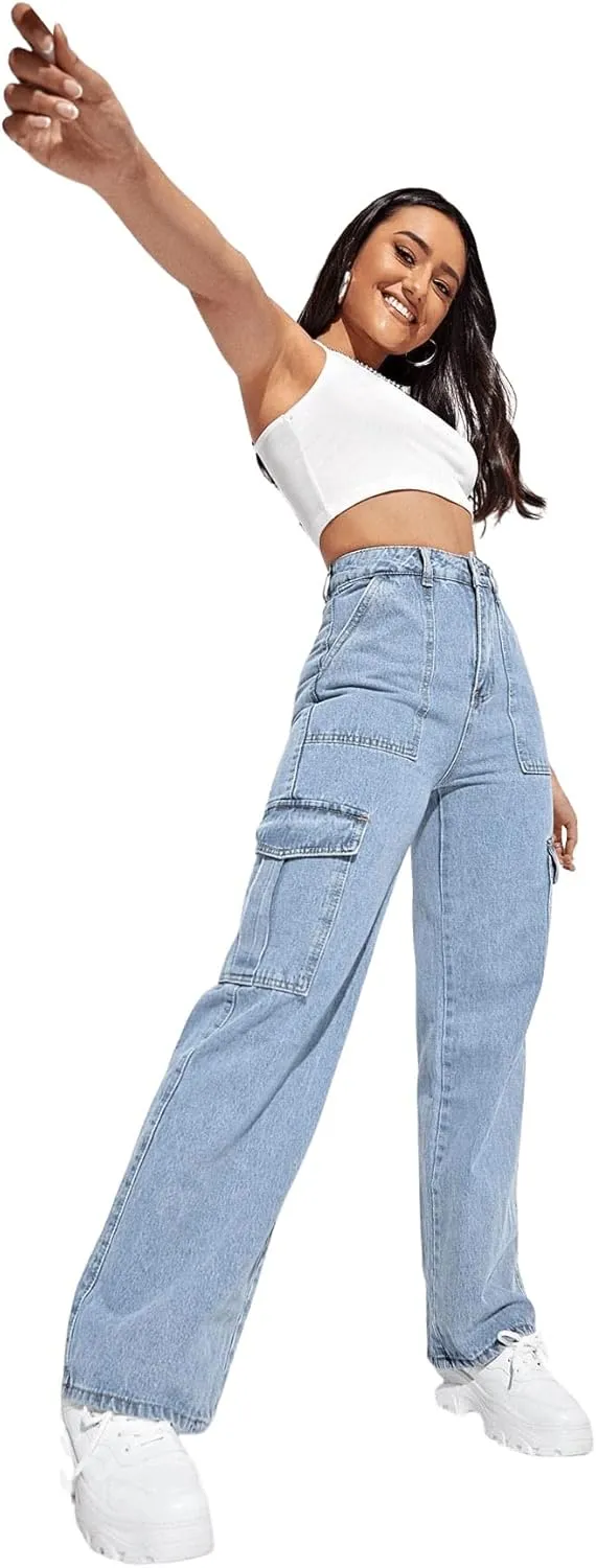 SweatyRocks Women's High Waist Cargo Jeans Flap Pocket Wide Leg Denim Pants