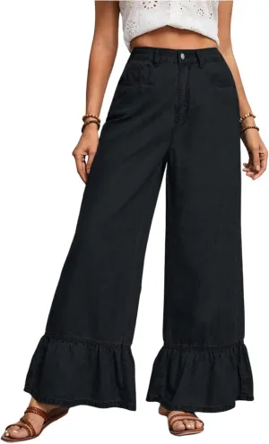SweatyRocks Women's High Waist Wide Leg Baggy Jeans Ruffled Hem Denim Palazzo Pants