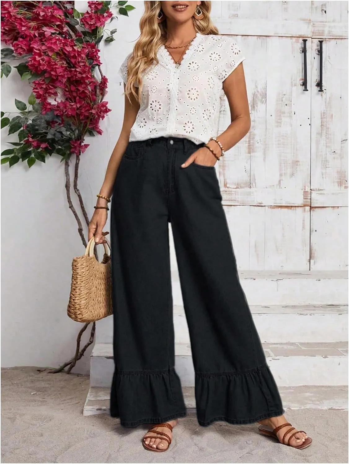 SweatyRocks Women's High Waist Wide Leg Baggy Jeans Ruffled Hem Denim Palazzo Pants