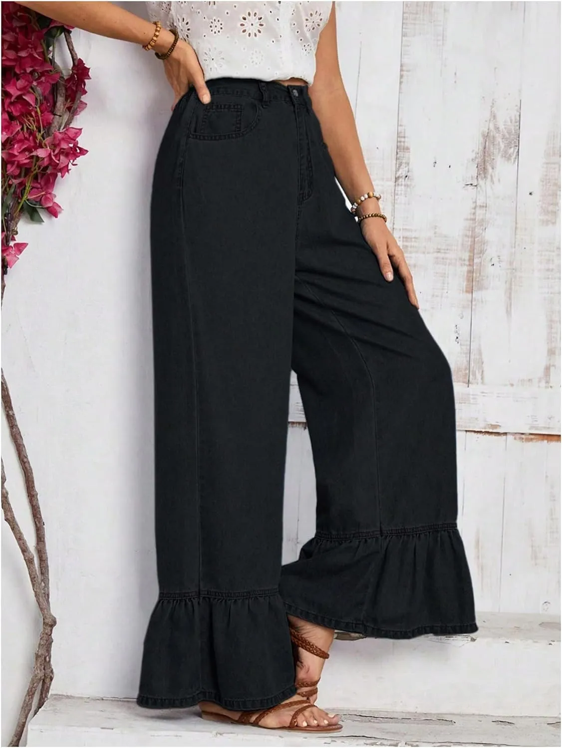 SweatyRocks Women's High Waist Wide Leg Baggy Jeans Ruffled Hem Denim Palazzo Pants