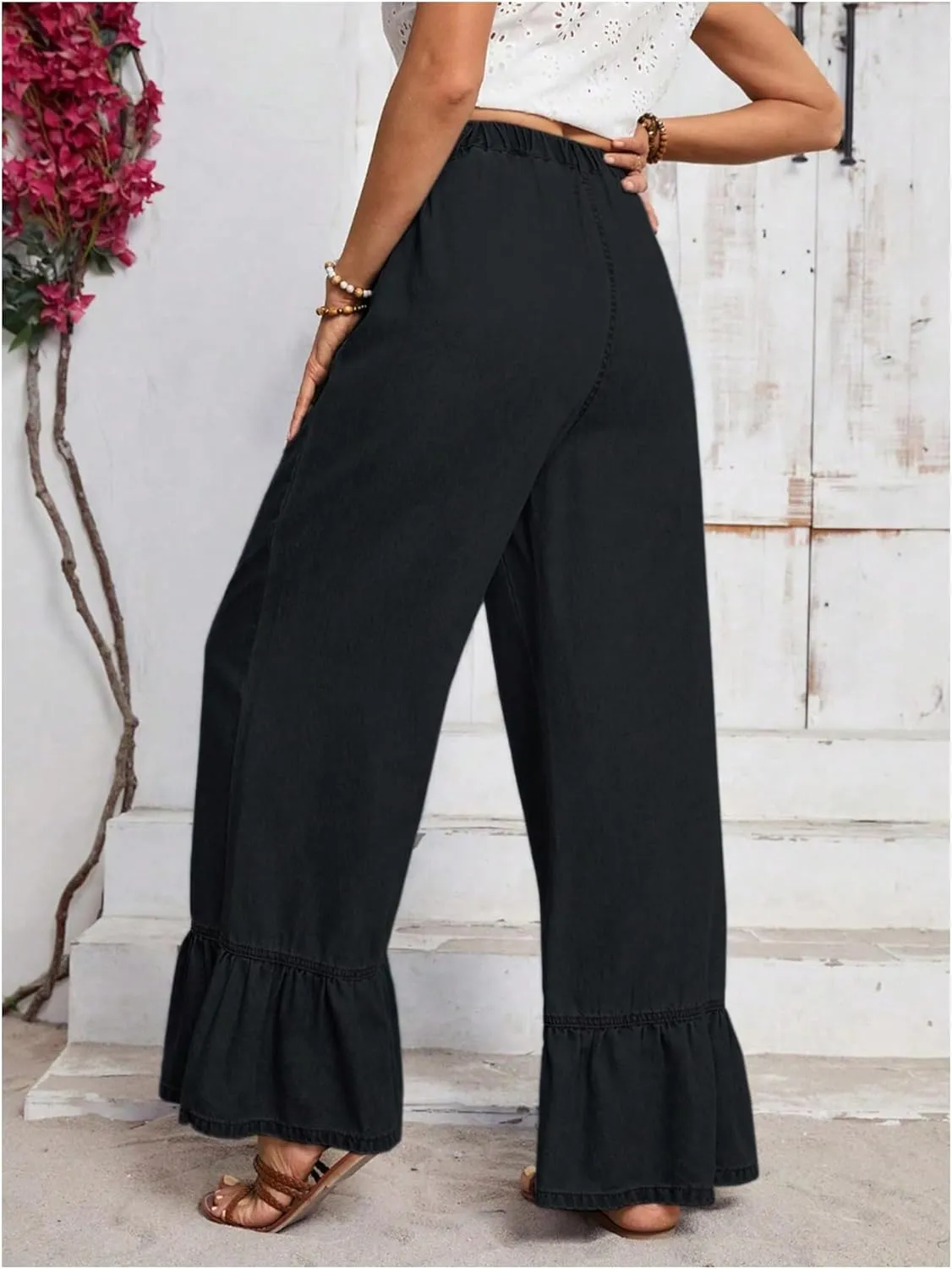 SweatyRocks Women's High Waist Wide Leg Baggy Jeans Ruffled Hem Denim Palazzo Pants