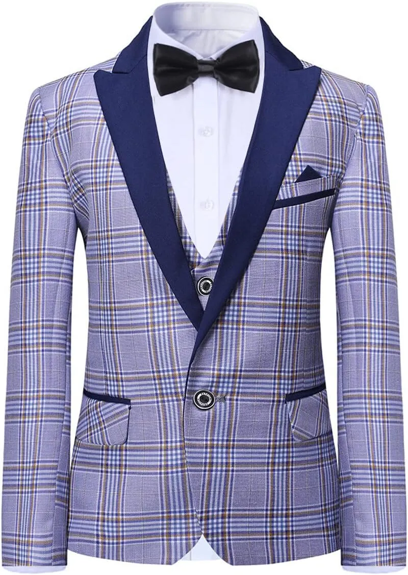 SWOTGdoby Boys Suits 3 Piece Slim Fit Check Plaid Kids Tuxedo Suits for Boys Formal Dress Blazer Jacket Pants Vest Wedding