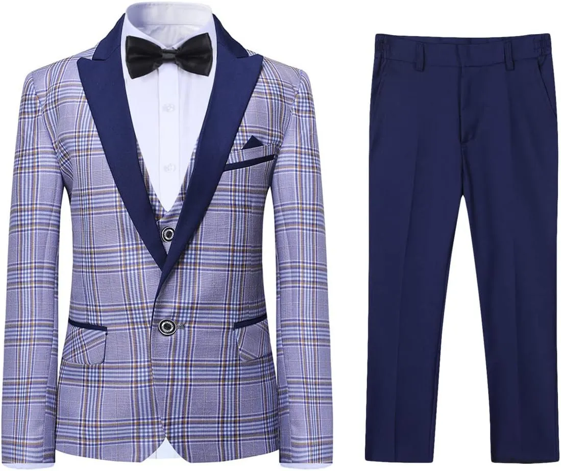 SWOTGdoby Boys Suits 3 Piece Slim Fit Check Plaid Kids Tuxedo Suits for Boys Formal Dress Blazer Jacket Pants Vest Wedding