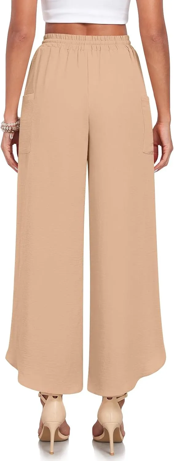 TAOHUADAO Womens Summer Wide Leg Pants with Pockets Side Split High Waisted Palazzo Pants Boho Beach Flowy Trousers
