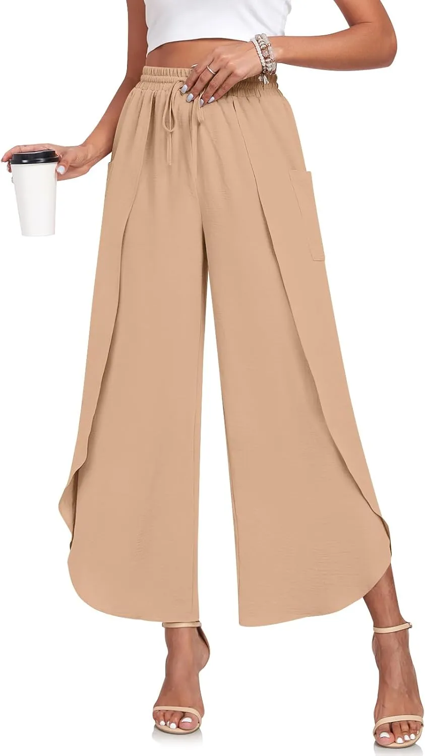 TAOHUADAO Womens Summer Wide Leg Pants with Pockets Side Split High Waisted Palazzo Pants Boho Beach Flowy Trousers