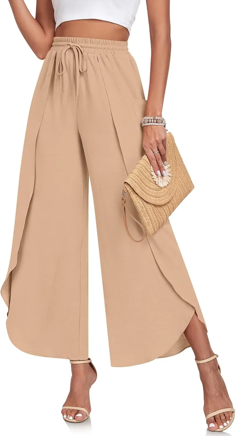 TAOHUADAO Womens Summer Wide Leg Pants with Pockets Side Split High Waisted Palazzo Pants Boho Beach Flowy Trousers