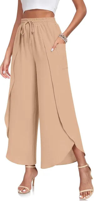 TAOHUADAO Womens Summer Wide Leg Pants with Pockets Side Split High Waisted Palazzo Pants Boho Beach Flowy Trousers