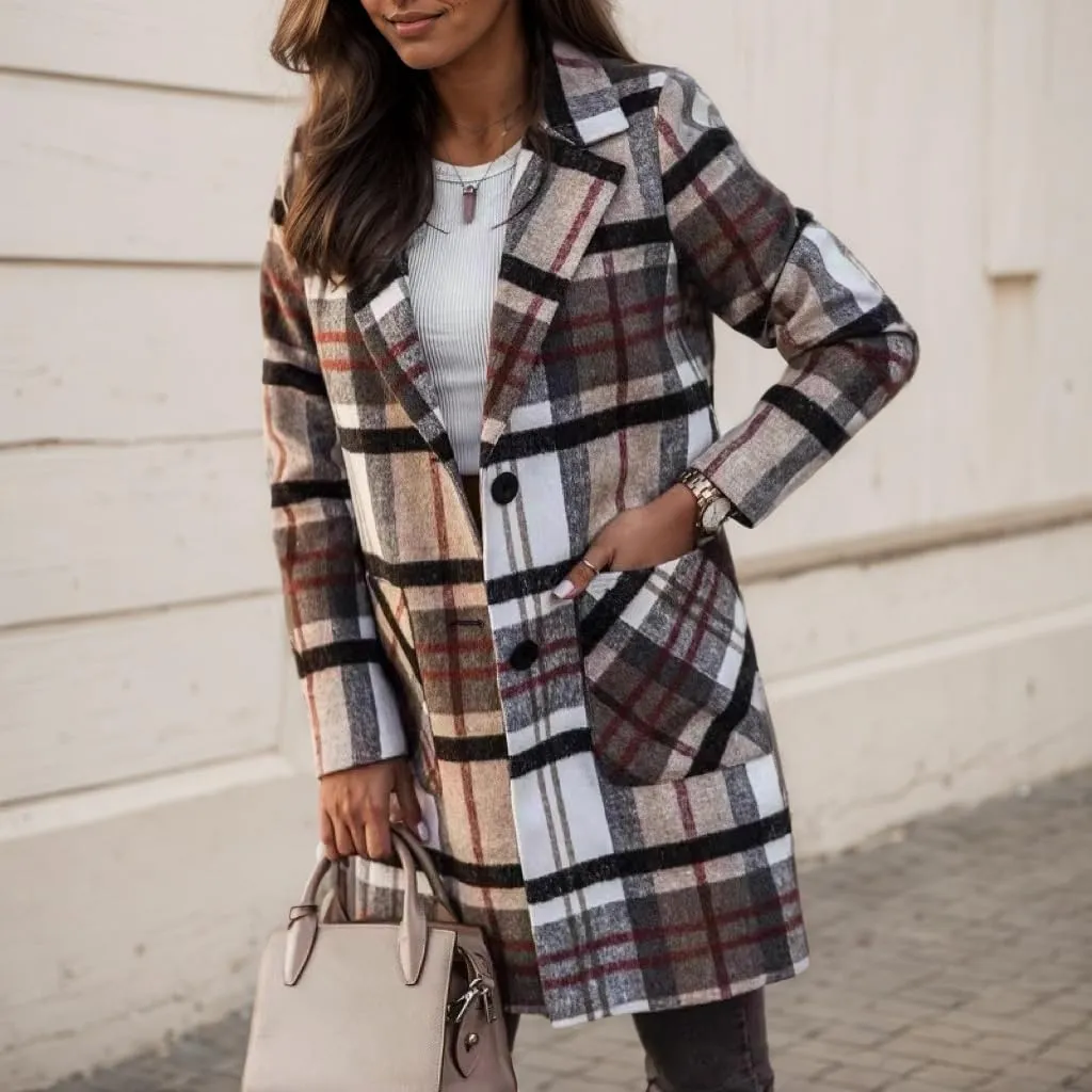 TIAFORD Womens Long Plaid Shacket Jacket Casual Button Woolen Blend Winter Trench Coat With Pockets Fall Winter Outwear