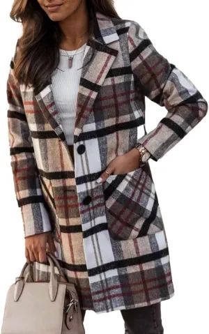 TIAFORD Womens Long Plaid Shacket Jacket Casual Button Woolen Blend Winter Trench Coat With Pockets Fall Winter Outwear