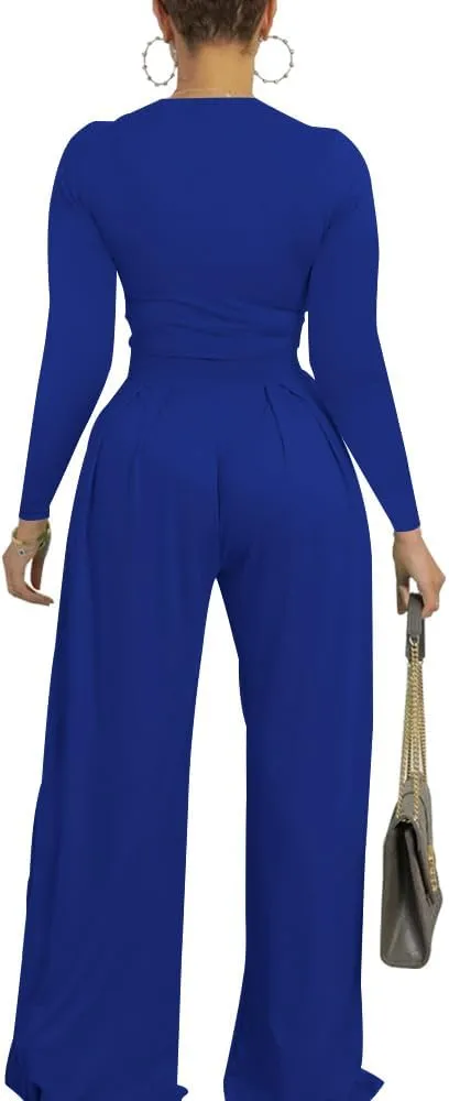 TOPSRANI Womens 2 Piece Outfits Casual Sweatsuits High Waist Short Sleeve Tracksuit Loose Baggy Wide Leg Pants Sets
