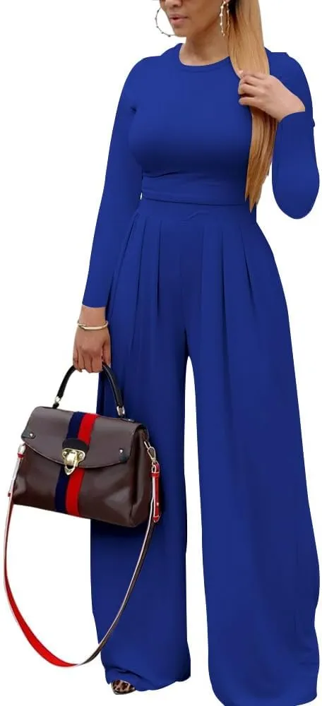 TOPSRANI Womens 2 Piece Outfits Casual Sweatsuits High Waist Short Sleeve Tracksuit Loose Baggy Wide Leg Pants Sets