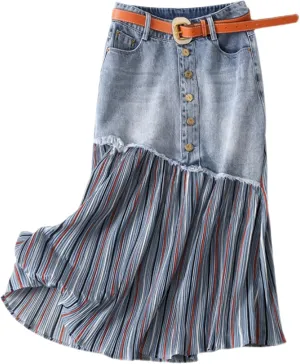 TUAQIANG Women's High Waist Denim Skirt, Pleated, Midi, Blue (S-3XL)