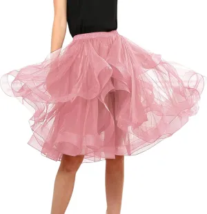 Tulle Skirts for Women A Line Elastic Layered Puffy Midi Skirt High Low Asymmetrical Midi Length Prom Mesh Tutu Skirt