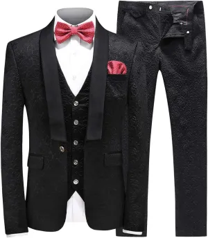 UNINUKOO Mens 3 Piece Suit Jacquard Floral Shawl Lapel Fancy Suits for Men Wedding Party Prom Tuxedo Suit Set