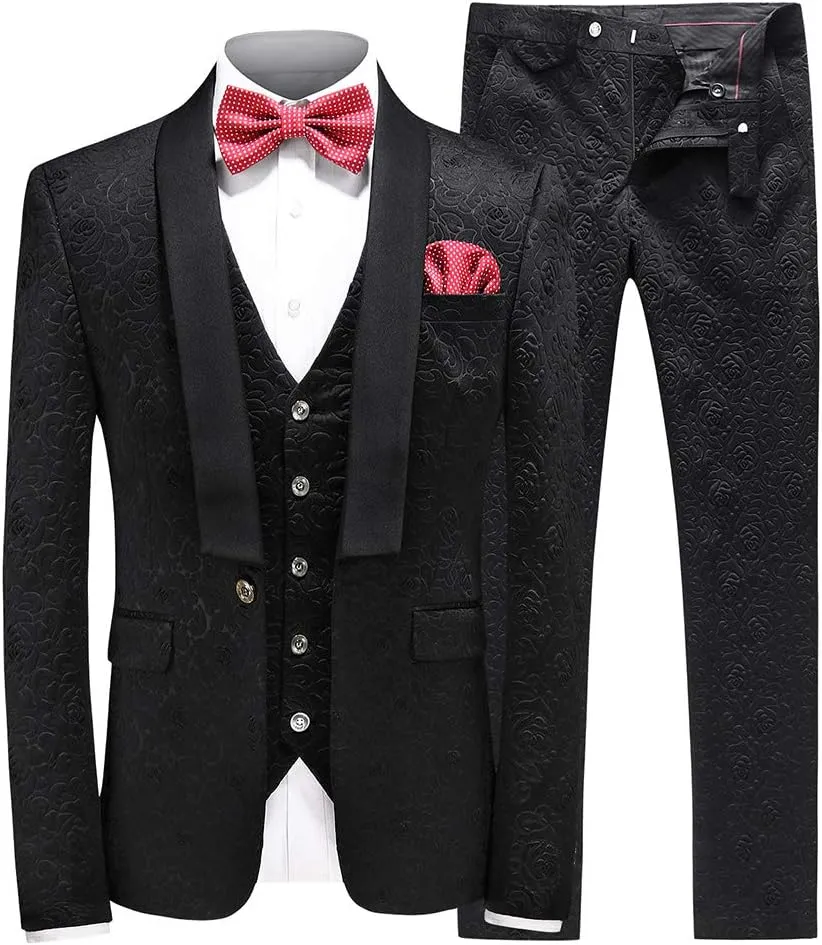 UNINUKOO Mens 3 Piece Suit Jacquard Floral Shawl Lapel Fancy Suits for Men Wedding Party Prom Tuxedo Suit Set