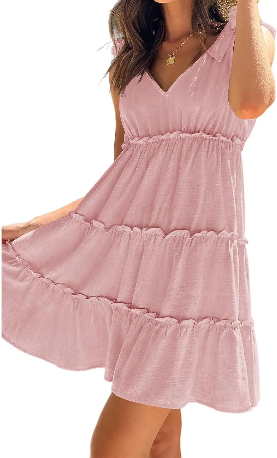 uSecee Summer Dress for Women Tie Shoulder V Neck Sleeveless Tiered Ruffle Swing A Line Short Sundresses Badydoll Mini Dress