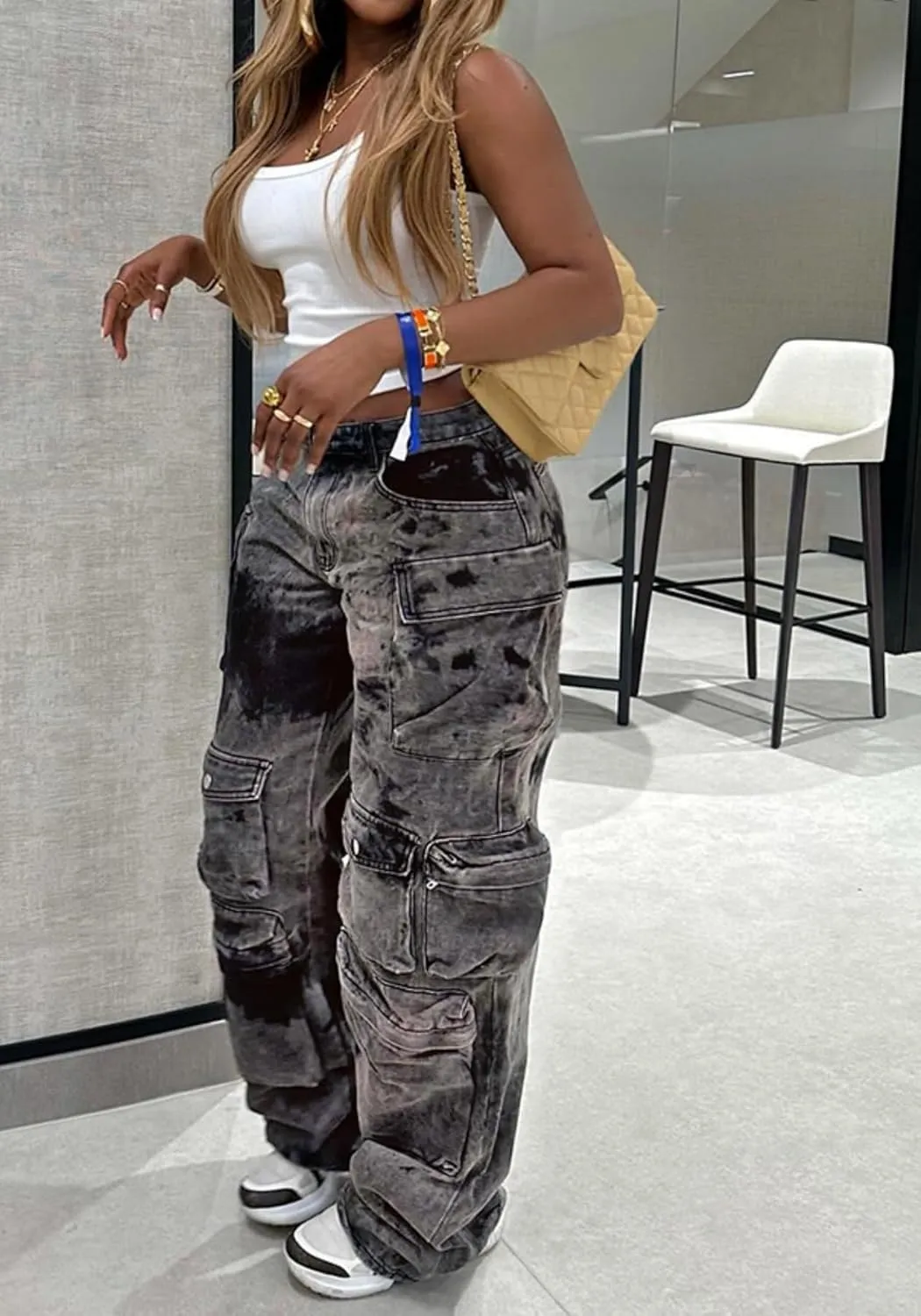 Vakkest Cargo Jeans for Women Trendy High Waisted Wide Straight Leg Loose Baggy Denim Pants with Pockets Y2K Trousers