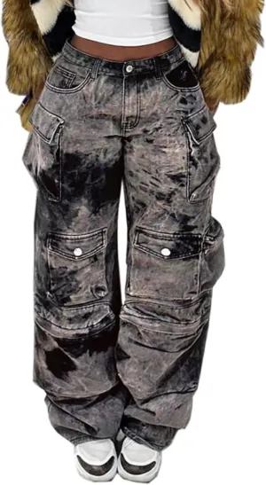 Vakkest Cargo Jeans for Women Trendy High Waisted Wide Straight Leg Loose Baggy Denim Pants with Pockets Y2K Trousers