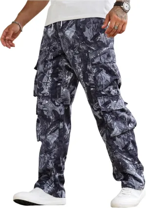 Verdusa Men's Camo Cargo Pants Straight Leg Drawstring Waist Long Trousers with Multi Pockets