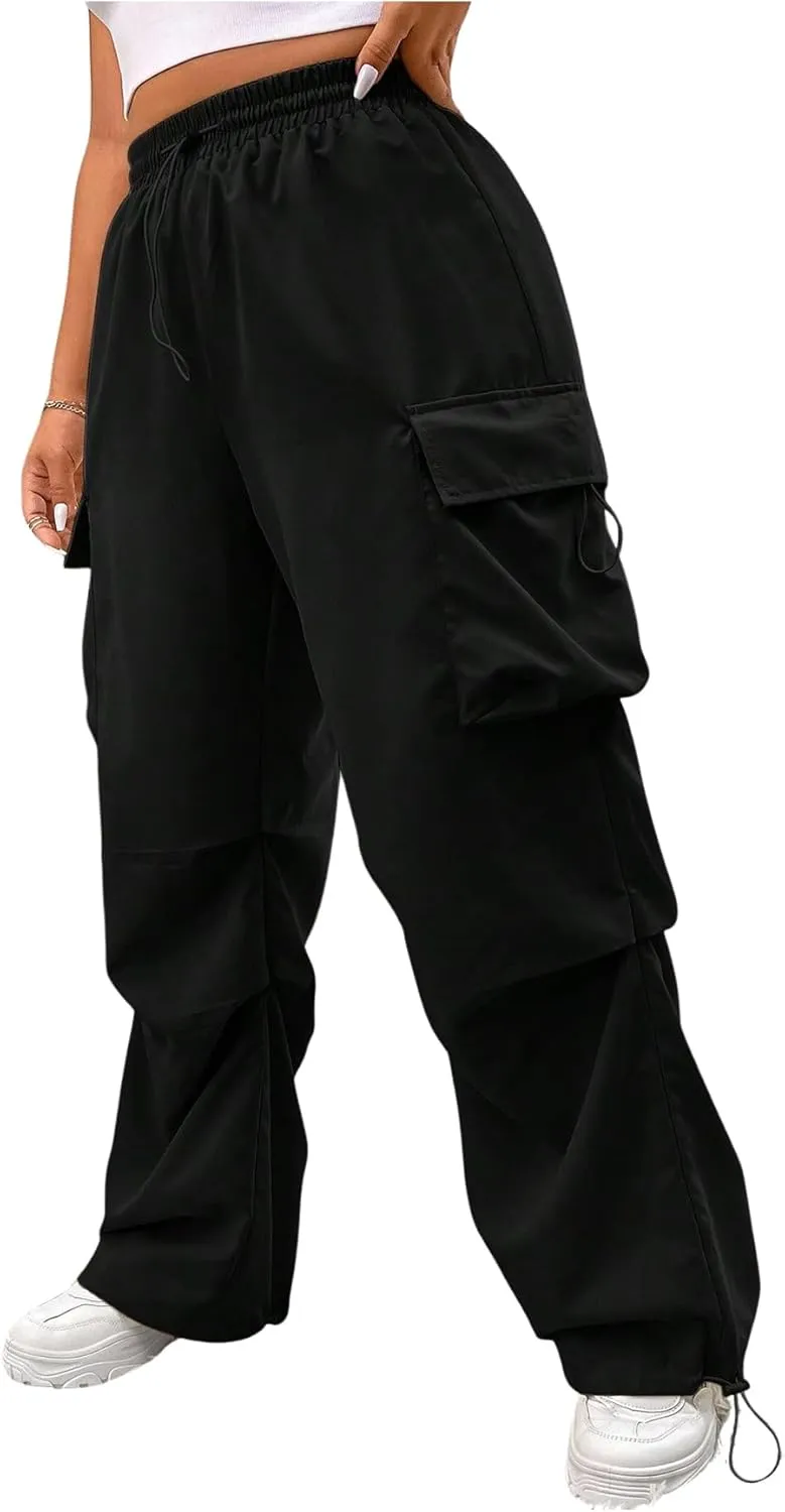 Verdusa Women's Plus Size Drawstring Waist Loose Cargo Pants Ruched Parachute Trousers