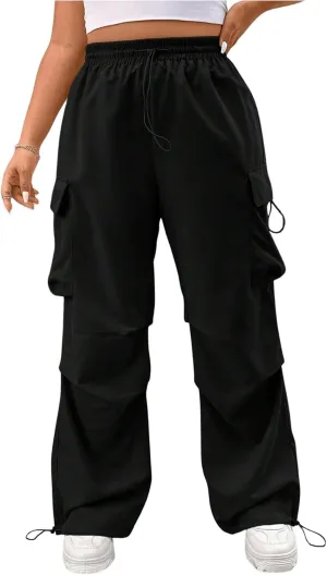 Verdusa Women's Plus Size Drawstring Waist Loose Cargo Pants Ruched Parachute Trousers