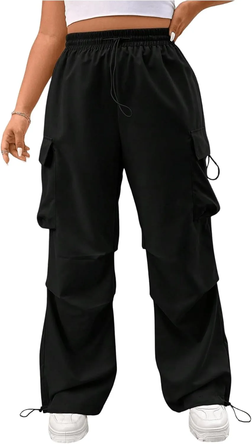 Verdusa Women's Plus Size Drawstring Waist Loose Cargo Pants Ruched Parachute Trousers