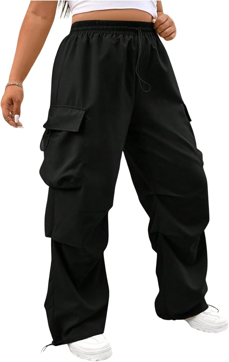 Verdusa Women's Plus Size Drawstring Waist Loose Cargo Pants Ruched Parachute Trousers