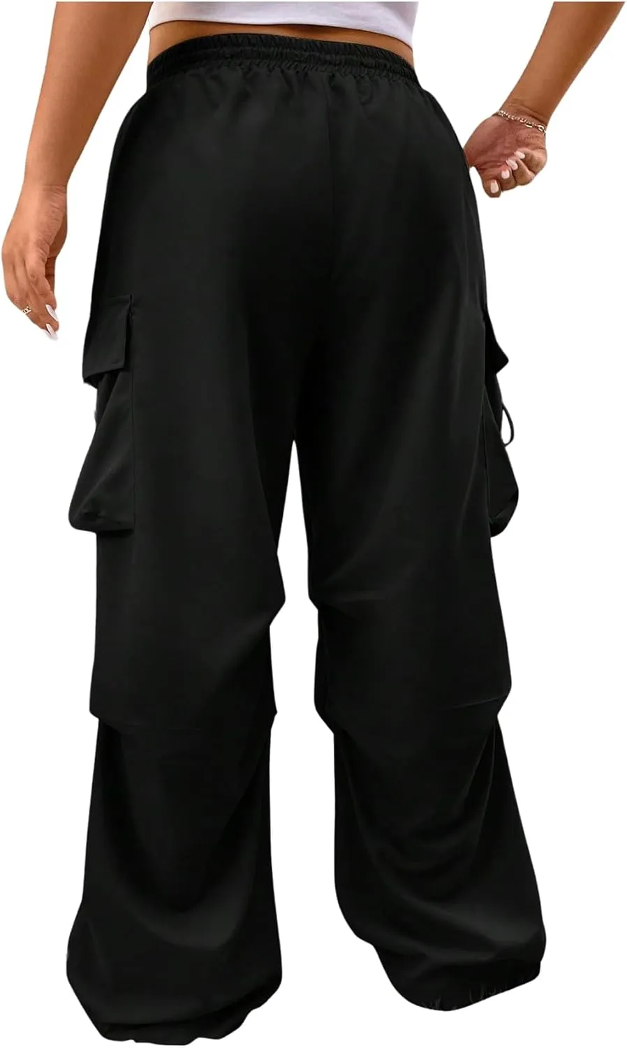 Verdusa Women's Plus Size Drawstring Waist Loose Cargo Pants Ruched Parachute Trousers