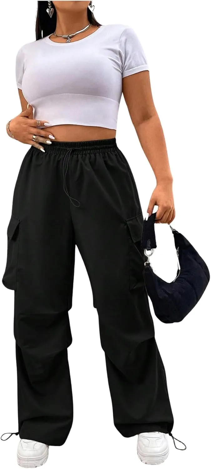 Verdusa Women's Plus Size Drawstring Waist Loose Cargo Pants Ruched Parachute Trousers