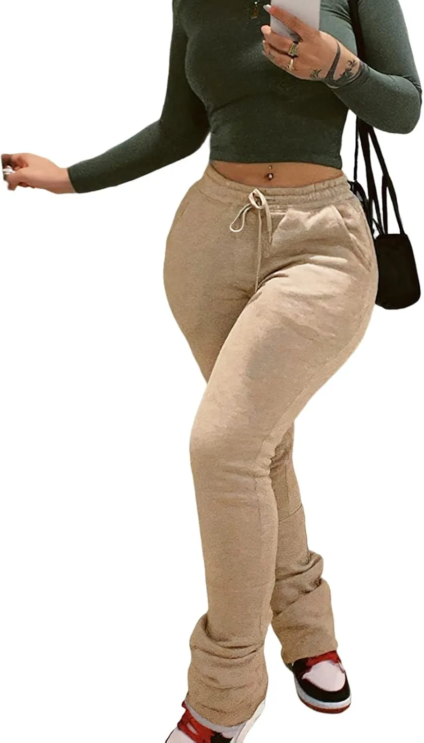 Viatabuna Women Stacked Leggings Pants Casual High Waist Sweatpants Ruched Workout Joggers Drawstring Bell Bottom Flare Pants