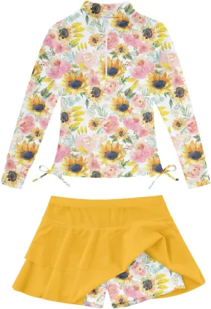 Vogseek 3-12T Girls Rash Guard 2 Pieces Bathing Suit Long Sleeve Swimsuit Swimming Skirt with Shorts Swimwear