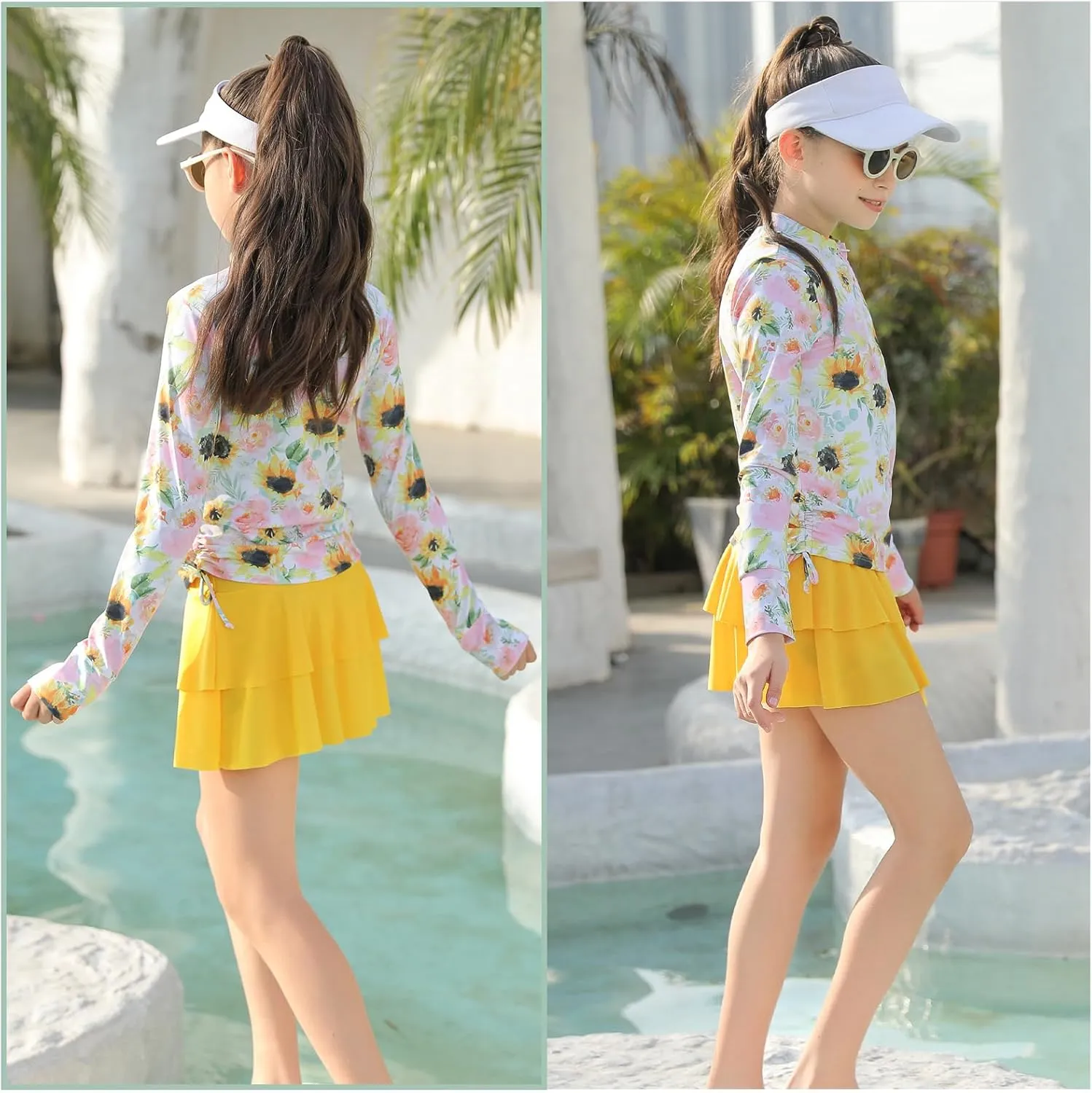 Vogseek 3-12T Girls Rash Guard 2 Pieces Bathing Suit Long Sleeve Swimsuit Swimming Skirt with Shorts Swimwear