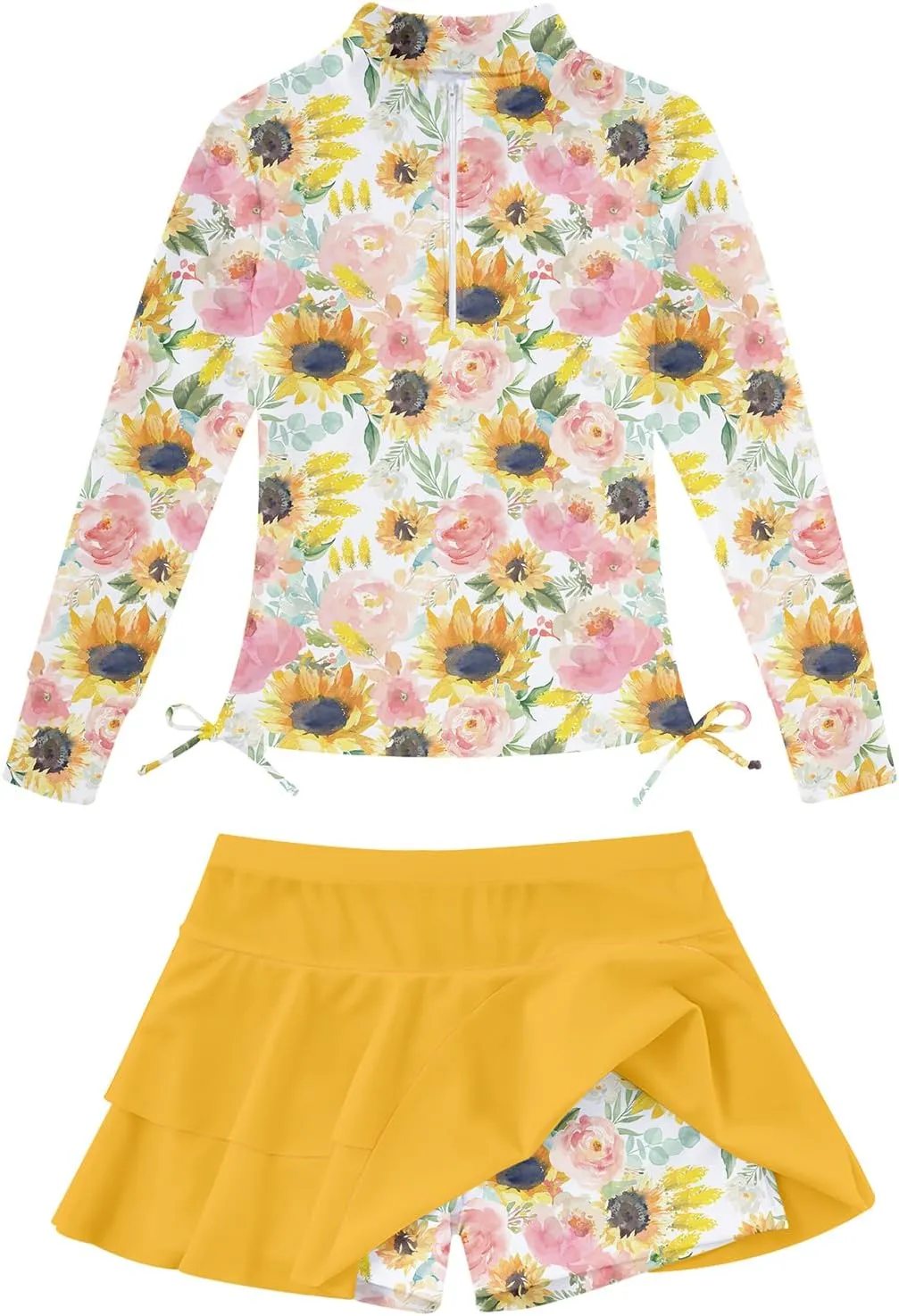 Vogseek 3-12T Girls Rash Guard 2 Pieces Bathing Suit Long Sleeve Swimsuit Swimming Skirt with Shorts Swimwear