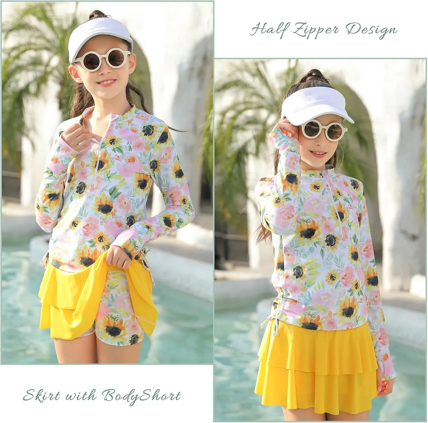 Vogseek 3-12T Girls Rash Guard 2 Pieces Bathing Suit Long Sleeve Swimsuit Swimming Skirt with Shorts Swimwear