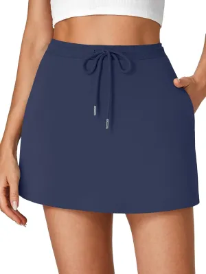 Vrtige Women's Casual Elastic High Waist Drawstring Workout Mini Skirt with Pockets