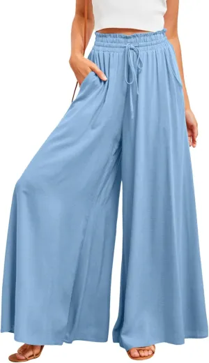 Vrtige Women's Drawstring Elastic High Waist Wide Leg Palazzo Pants Trousers with Pockets