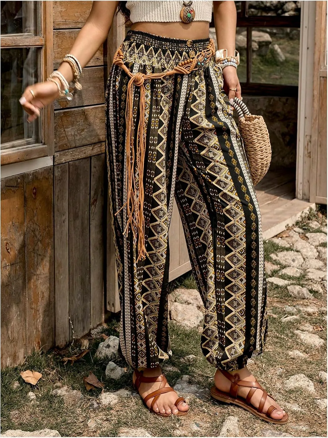 WDIRARA Women's Boho High Waist Split Knot Hem Long Pants Flowy Harem Yoga Pants