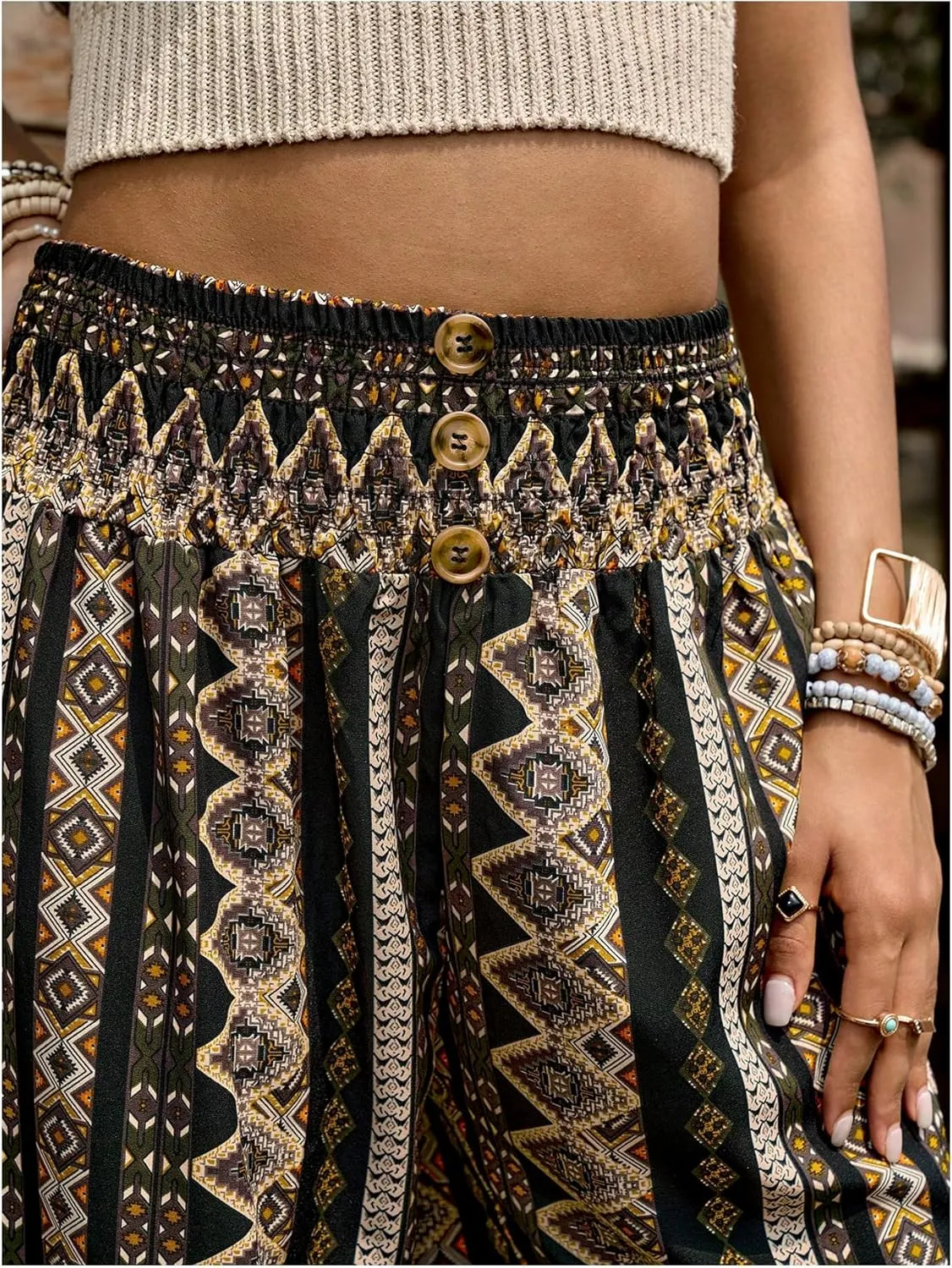 WDIRARA Women's Boho High Waist Split Knot Hem Long Pants Flowy Harem Yoga Pants
