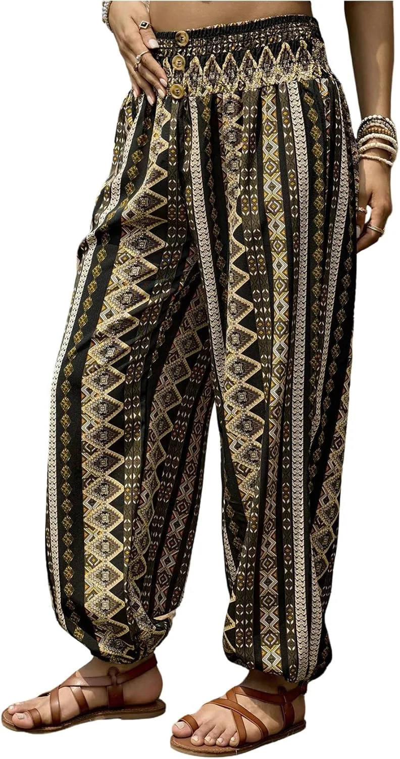 WDIRARA Women's Boho High Waist Split Knot Hem Long Pants Flowy Harem Yoga Pants