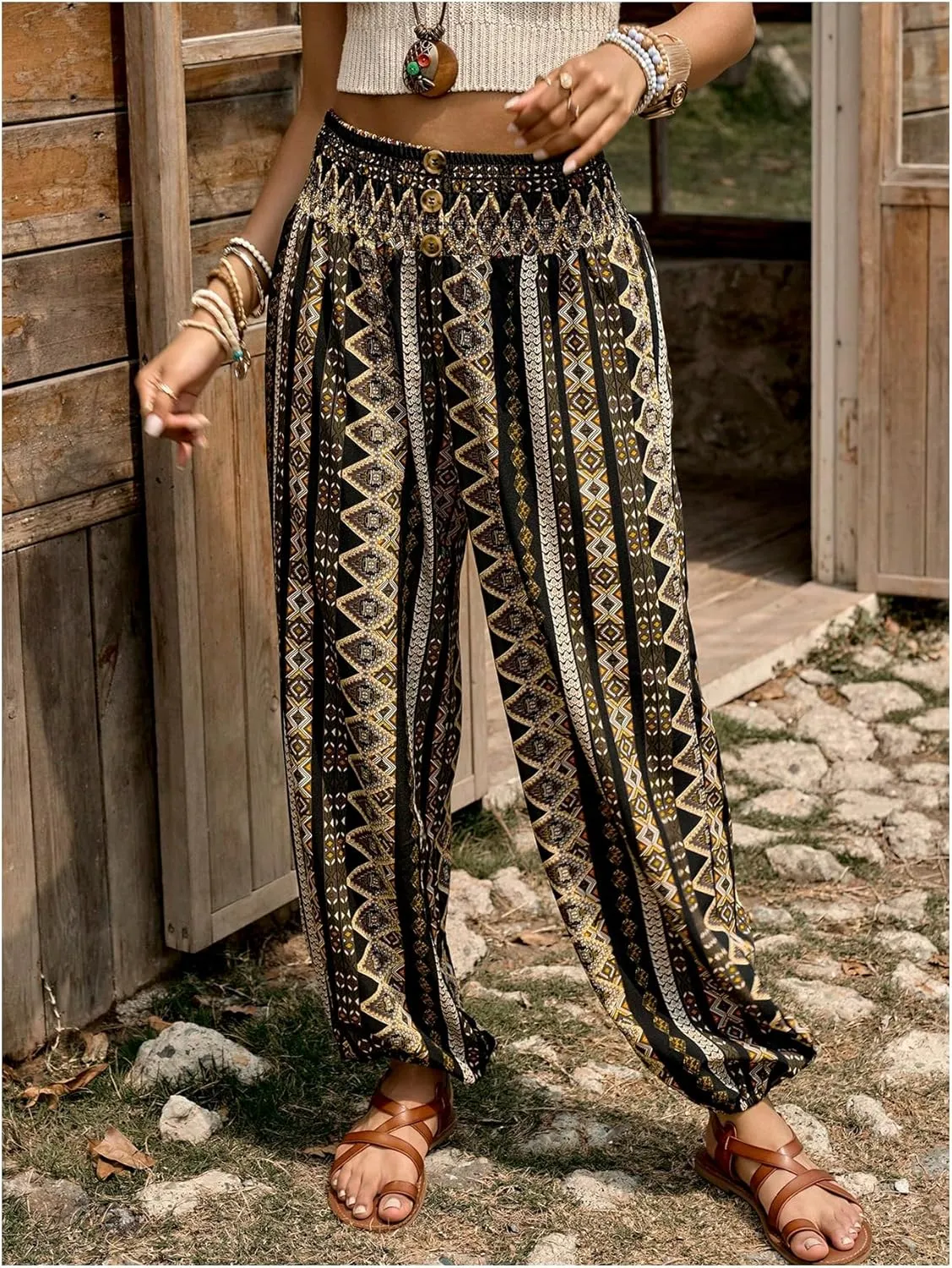 WDIRARA Women's Boho High Waist Split Knot Hem Long Pants Flowy Harem Yoga Pants