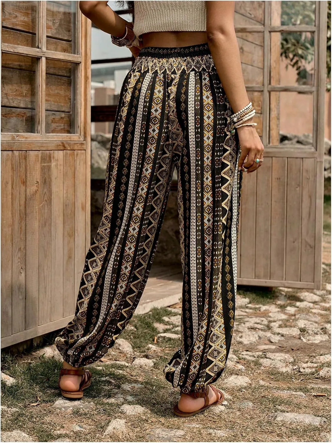 WDIRARA Women's Boho High Waist Split Knot Hem Long Pants Flowy Harem Yoga Pants