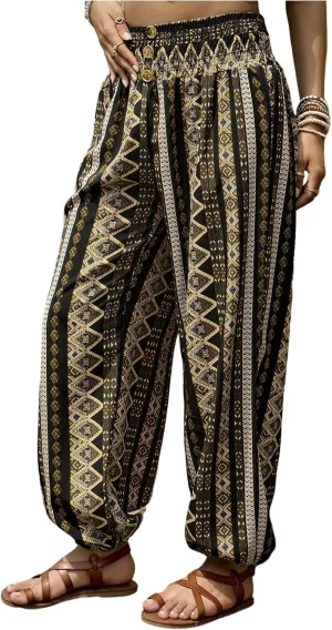 WDIRARA Women's Boho High Waist Split Knot Hem Long Pants Flowy Harem Yoga Pants