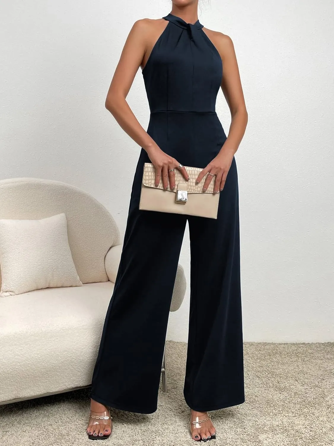 WDIRARA Women's Sleeveless Zipper Back Halter Neck Wide Leg Jumpsuit Elegant Pants