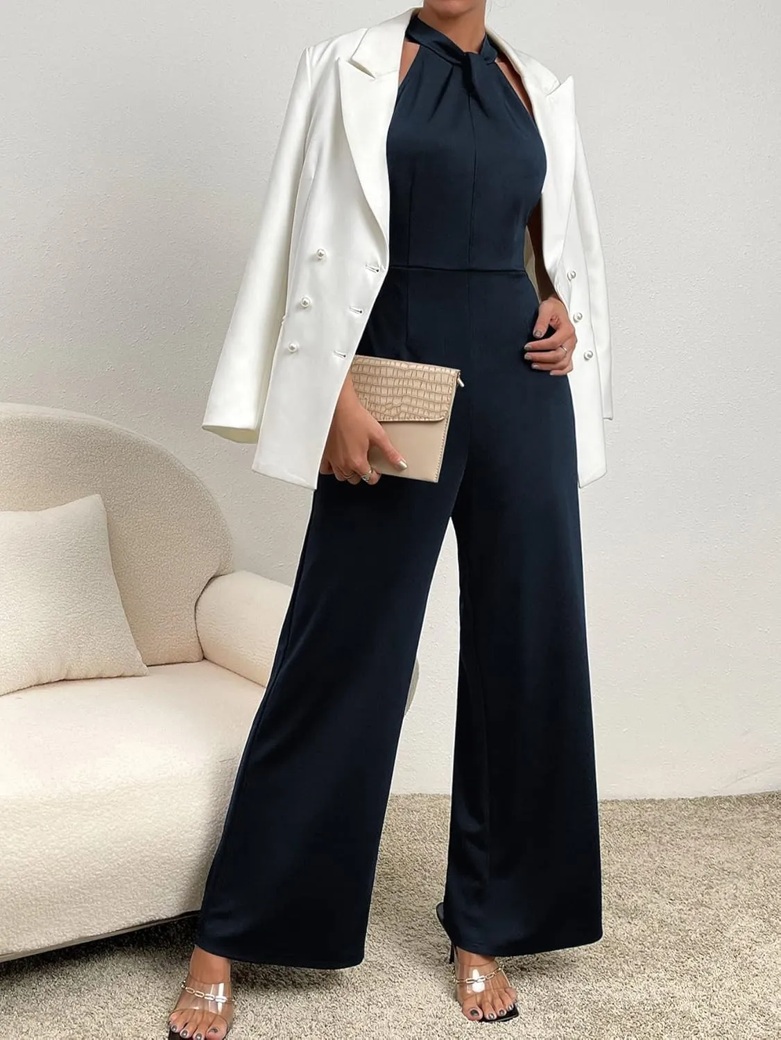 WDIRARA Women's Sleeveless Zipper Back Halter Neck Wide Leg Jumpsuit Elegant Pants