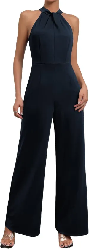 WDIRARA Women's Sleeveless Zipper Back Halter Neck Wide Leg Jumpsuit Elegant Pants