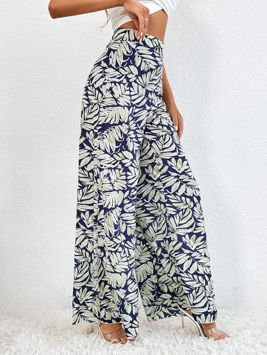 WDIRARA Women's Tropical Print High Elastic Waisted Wide Leg Loose Pants Trousers