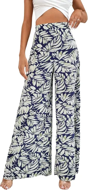 WDIRARA Women's Tropical Print High Elastic Waisted Wide Leg Loose Pants Trousers